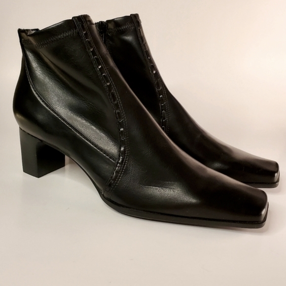 Franco Sarto Black Leather Square Toed Heeled Ankle Boots - Picture 10 of 16